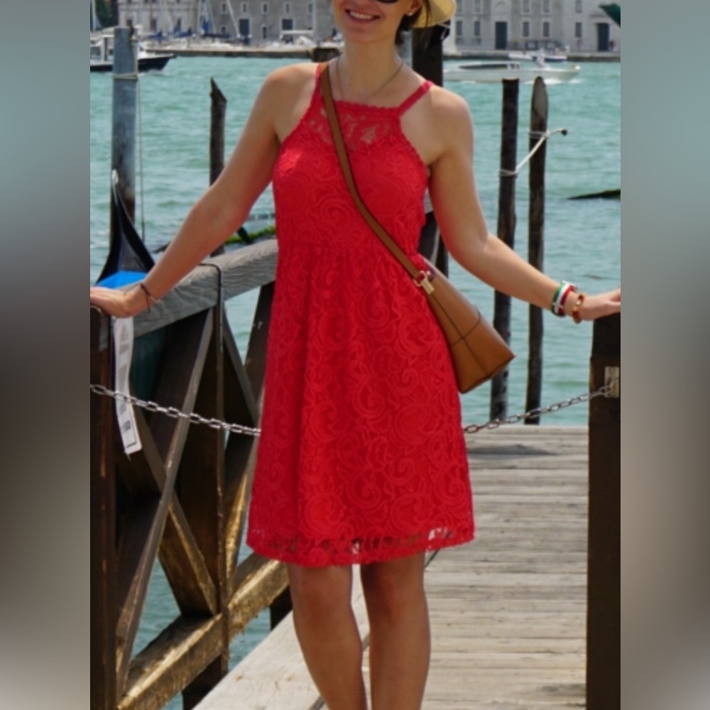 Vero Moda Coral Red strapless lace crochet dress